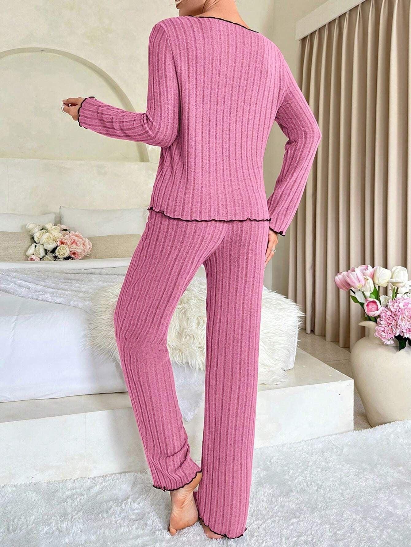 Ribbed pajama set with contrast trim and bow - View 21 | WEUXS