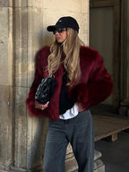 Luxe Burgundy Shaggy Faux Fur Cropped Jacket - WEUXS