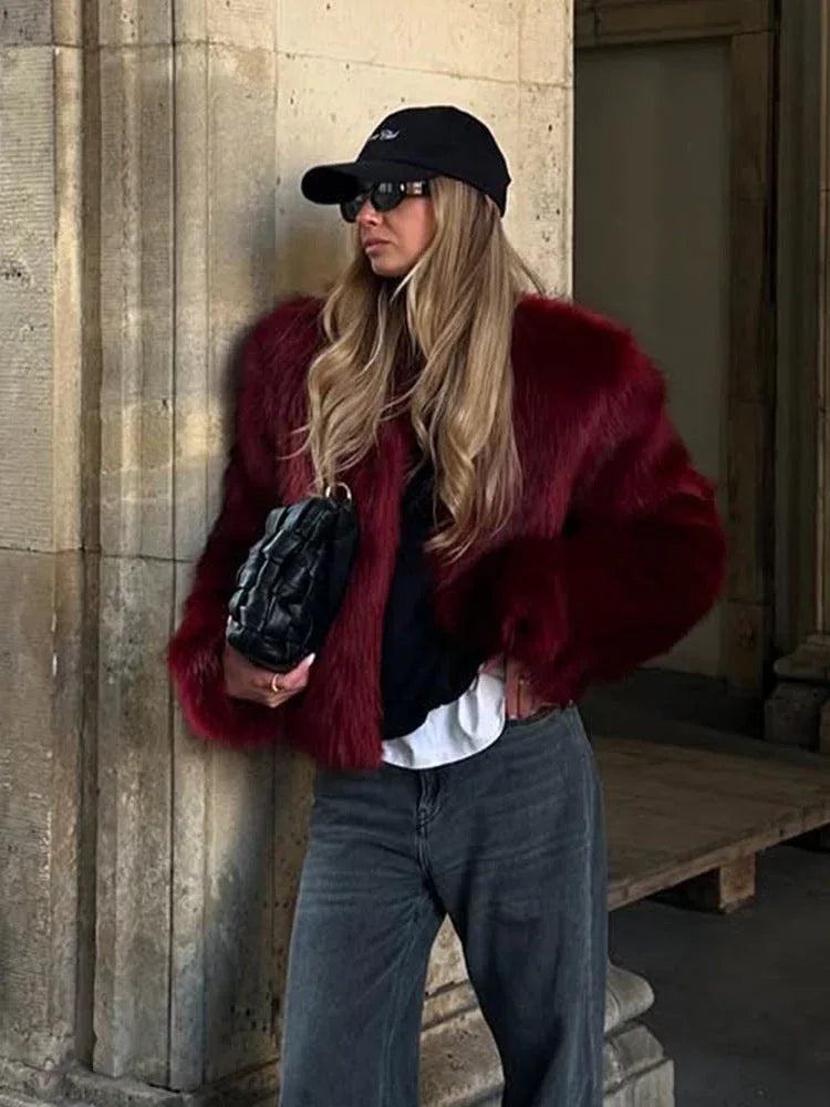 Luxe Burgundy Shaggy Faux Fur Cropped Jacket - WEUXS