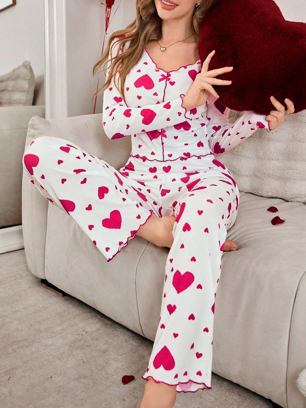 Ribbed heart print pajama set - View 7 | WEUXS
