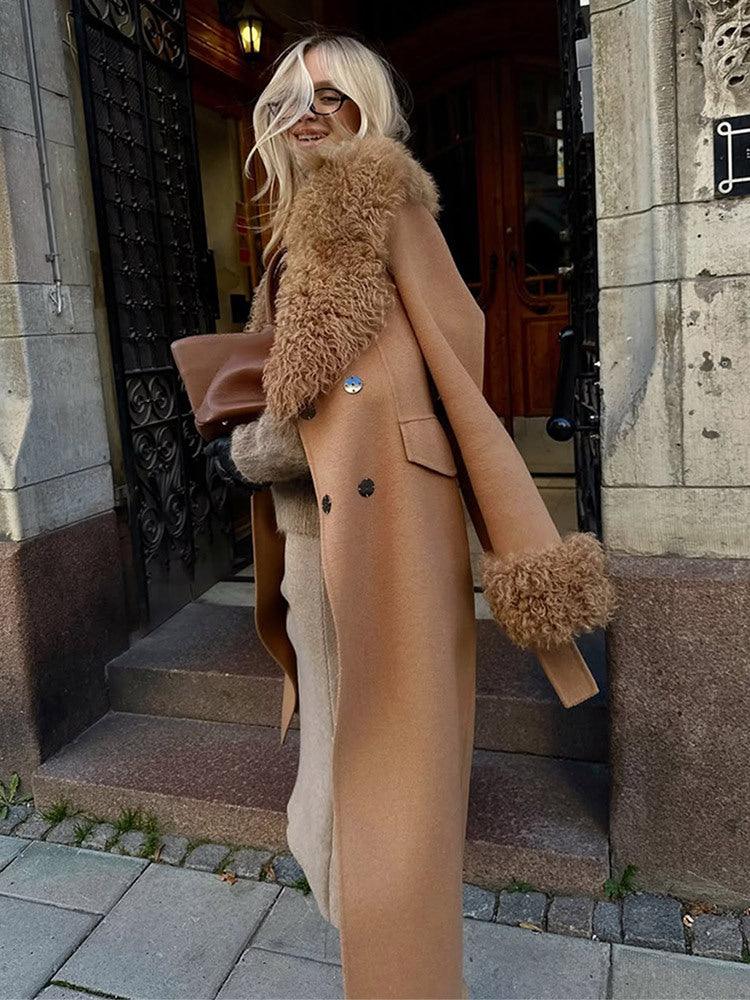 Wool blend midi coat with shearling trim - View 8 | WEUXS
