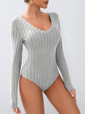 Heather Grey Soft Ribbed Knit V-Neck Long Sleeve Bodysuit - WEUXS
