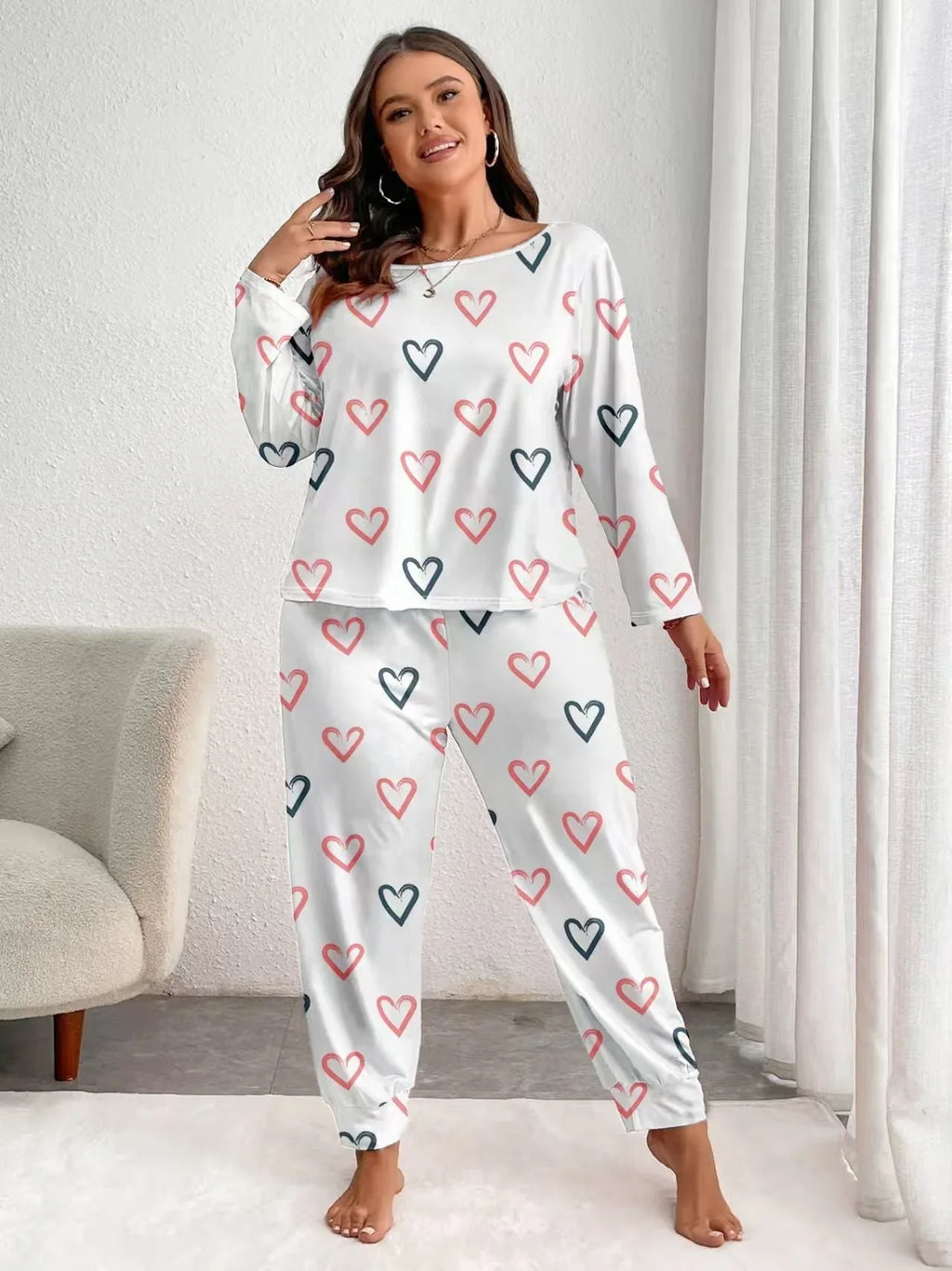 Plus Size Pink Heart Print Jogger Pajama Set - WEUXS