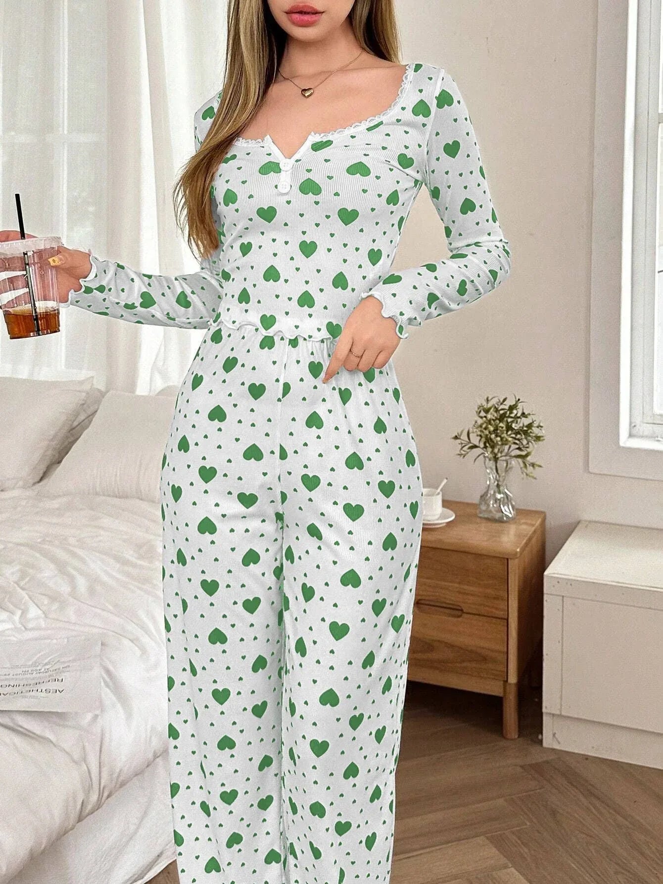 Ribbed Heart Print Pajama Set - View 30 | WEUXS