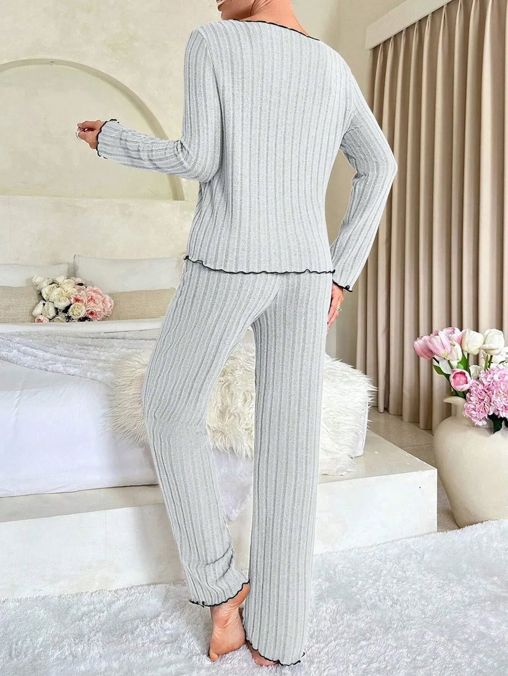 Ribbed Pajama Set with Contrast Trim and Bow - View 16 | WEUXS
