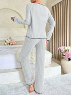 Ribbed Pajama Set with Contrast Trim and Bow - View 16 | WEUXS