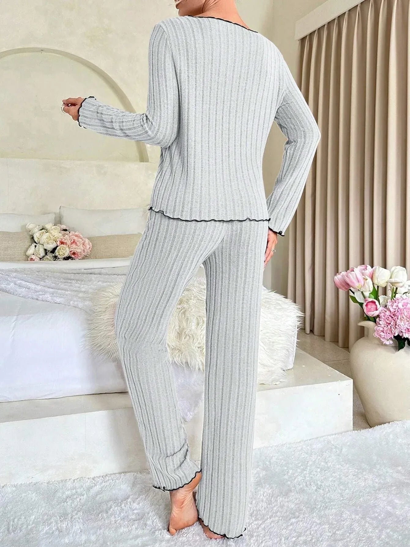 Ribbed Pajama Set with Contrast Trim and Bow - View 16 | WEUXS