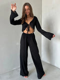 Women's knit lounge set with tie-front top and wide-leg pants - View 10 | WEUXS