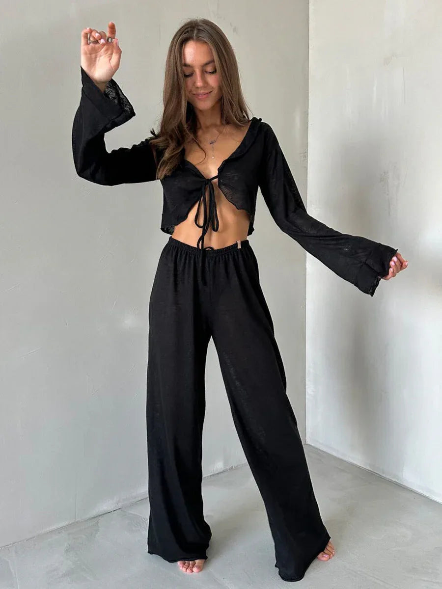 Women's knit lounge set with tie-front top and wide-leg pants - View 10 | WEUXS