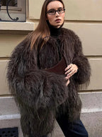 Luxe Espresso Shaggy Faux Fur Round Neck Jacket - WEUXS