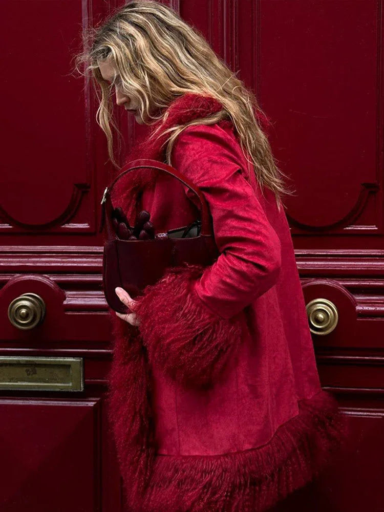 Crimson faux suede coat with faux fur trim - View 6 | WEUXS