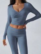 V-Neck Knit Crop Top and Flare Pants Set - View 23 | WEUXS