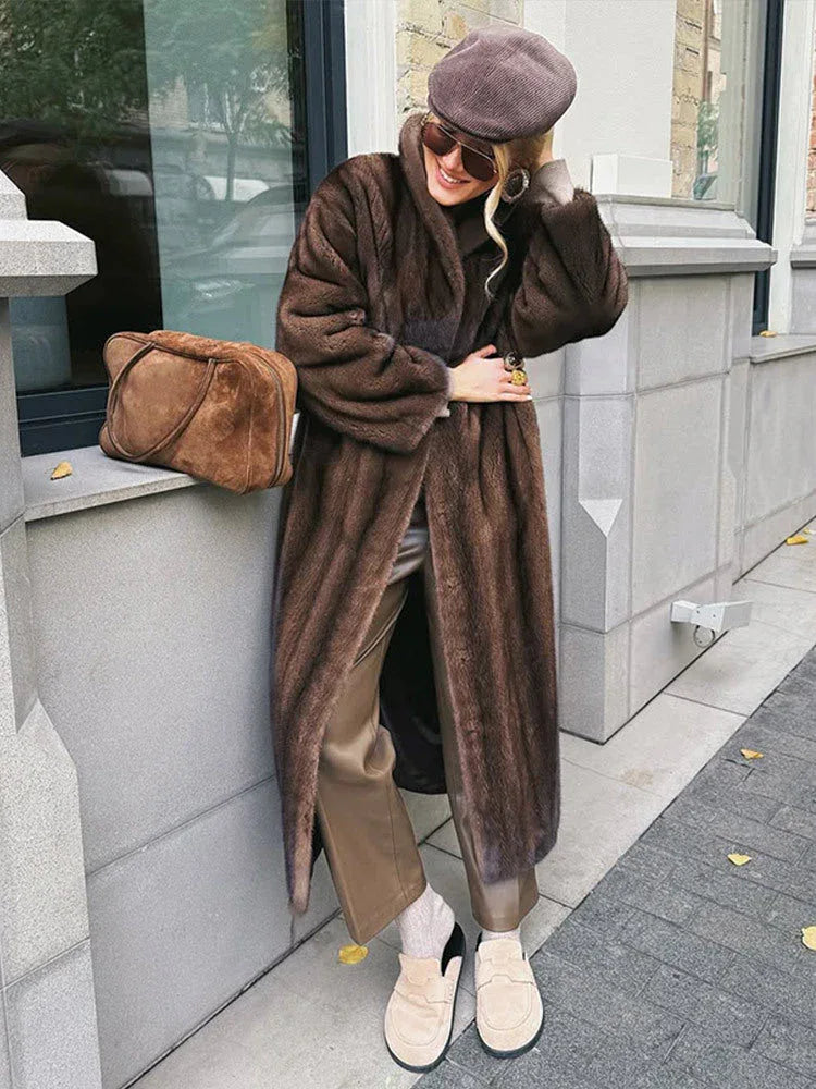 Vintage Chocolate Sheared Faux Mink Maxi Coat - WEUXS