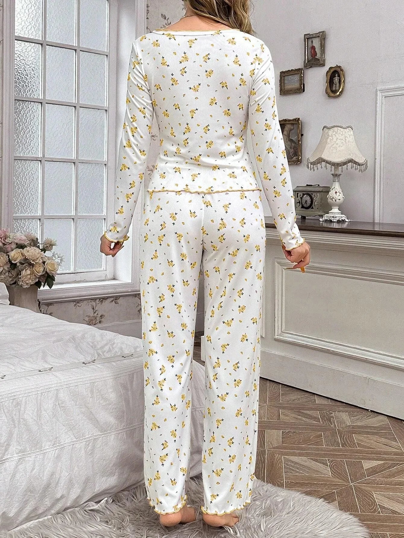 Ribbed knit pajama set with floral print - View 14 | WEUXS