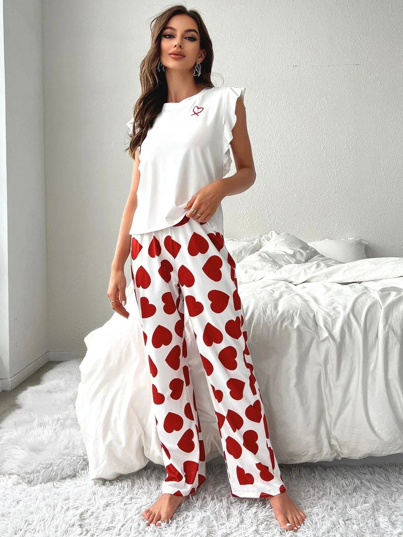 Heart Print Pajama Set with Ruffle Sleeves - View 27 | WEUXS