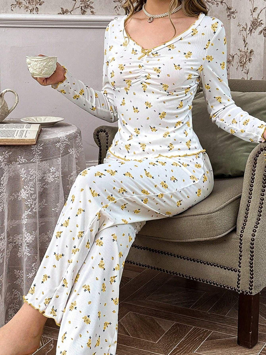 Ribbed knit pajama set with floral print - View 16 | WEUXS