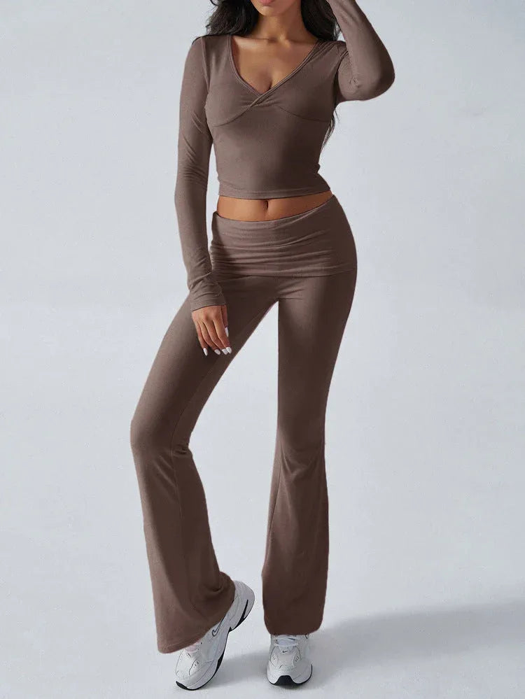V-Neck Knit Crop Top and Flare Pants Set - View 15 | WEUXS