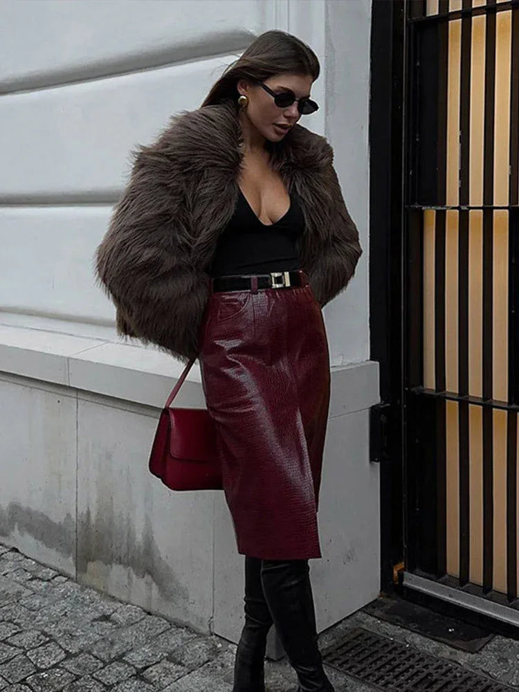 Luxe Dark Taupe Shaggy Faux Fur Jacket - WEUXS