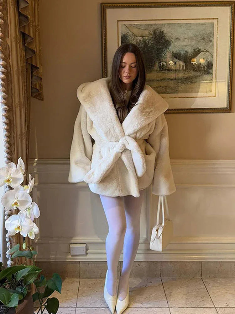 Hooded Faux Fur Wrap Coat - View 6 | WEUXS