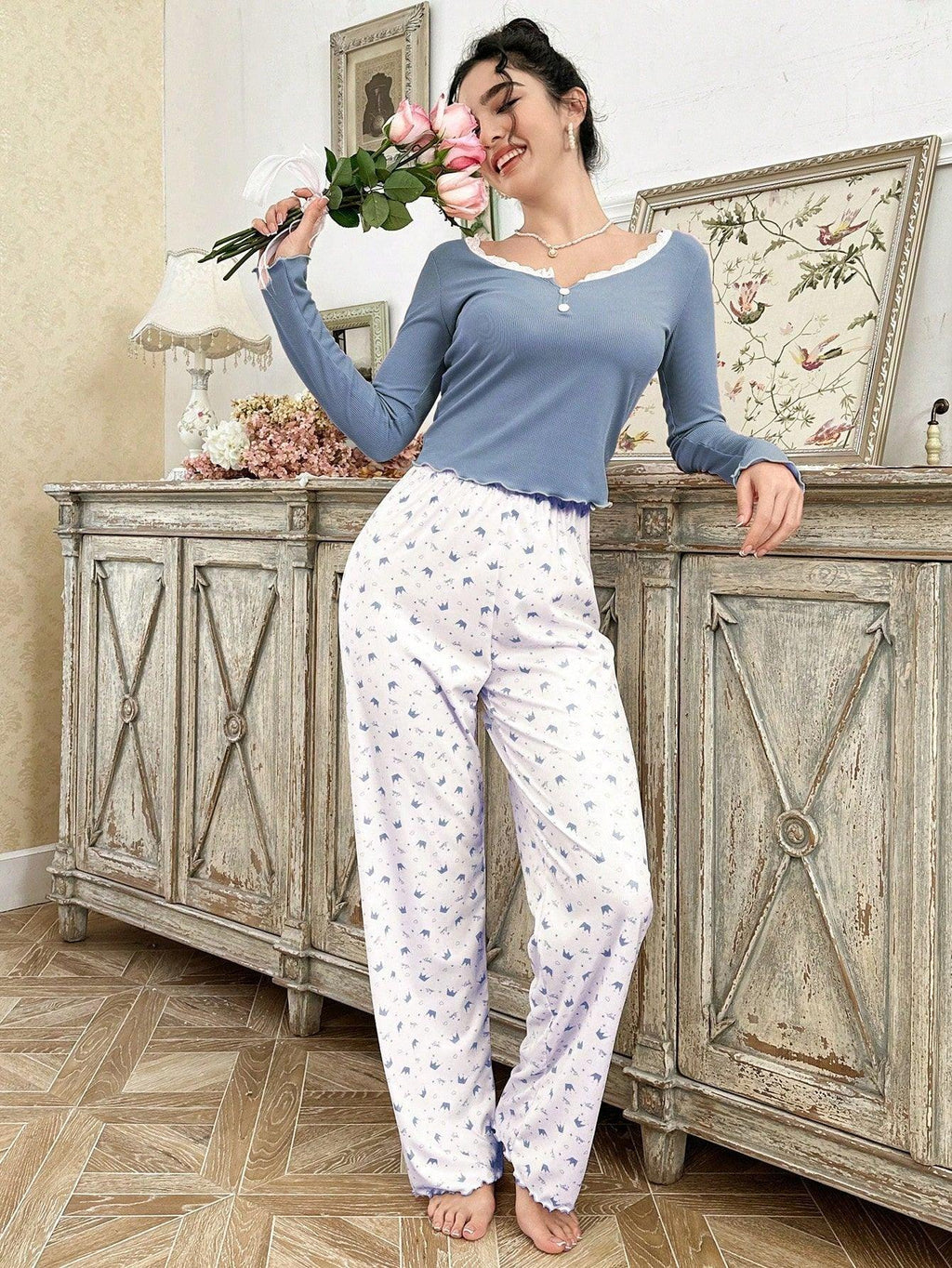 Ribbed Henley Pajama Set with Crown Print - View 22 | WEUXS