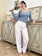 Ribbed Henley Pajama Set with Crown Print - View 22 | WEUXS