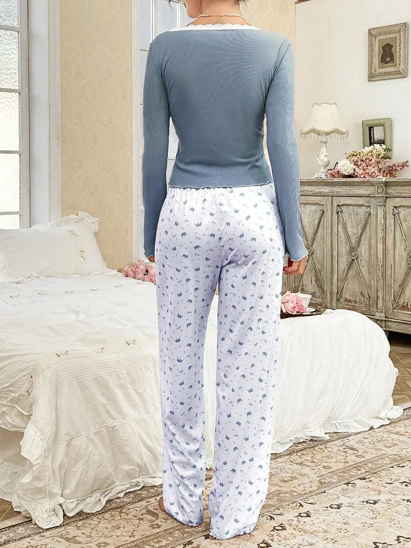 Ribbed Henley Pajama Set with Crown Print - View 19 | WEUXS