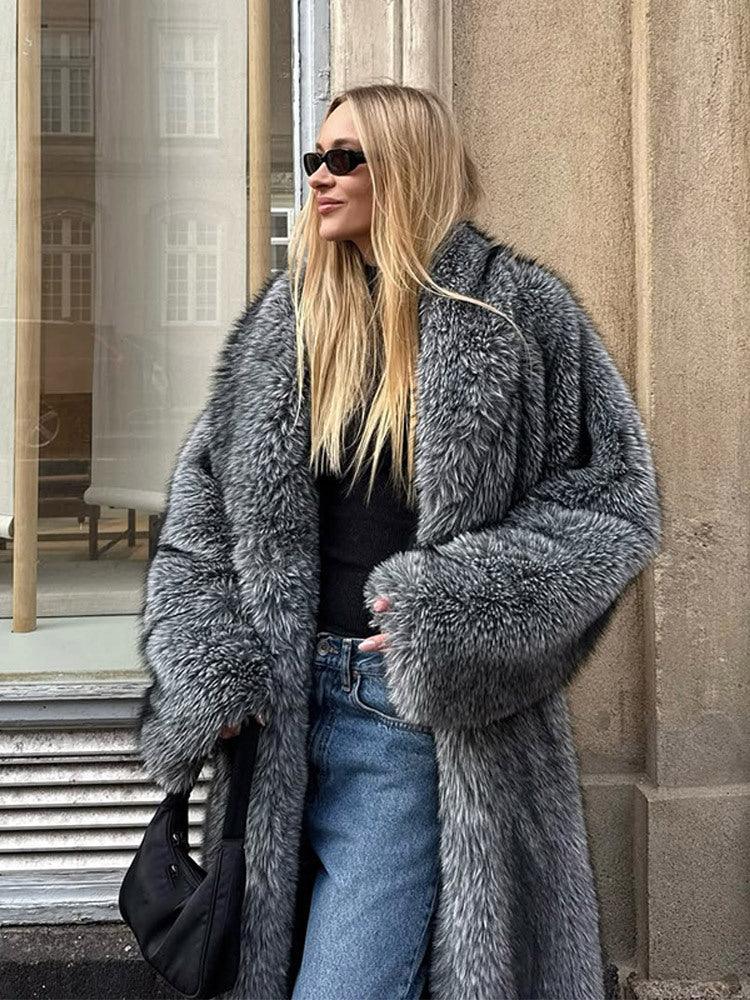 Opulent Silver Grey Faux Fur Maxi Coat - WEUXS