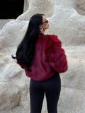 Luxe Burgundy Shaggy Faux Fur Cropped Jacket - WEUXS