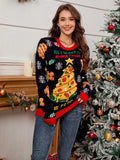 Full-length view of a woman in a black Christmas sweater featuring a pizza tree and holiday motifs.