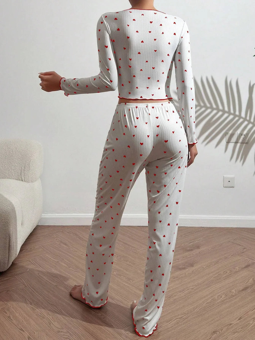 Ribbed heart print pajama set - View 13 | WEUXS