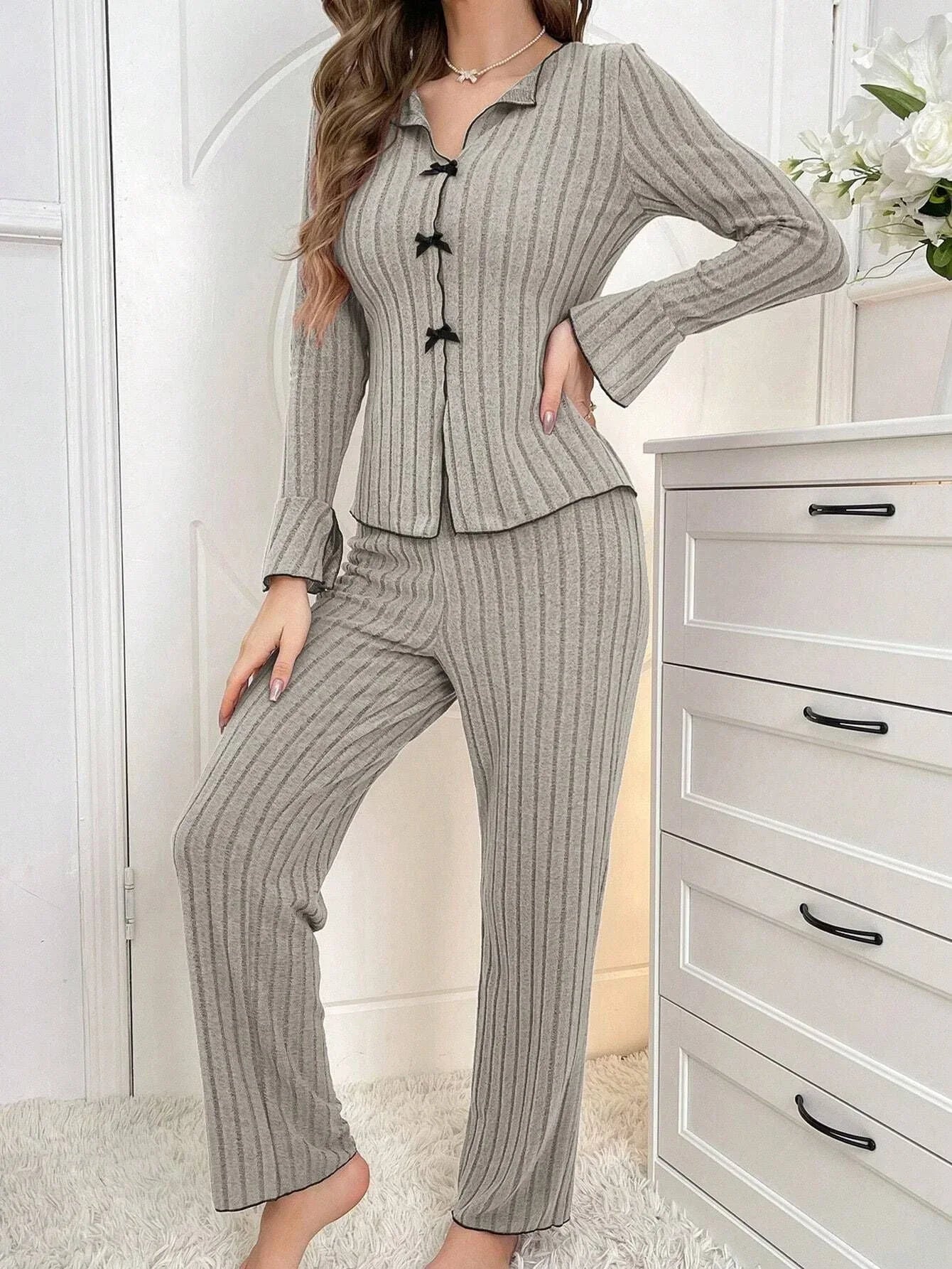 Ribbed pajama set with bow details - View 17 | WEUXS