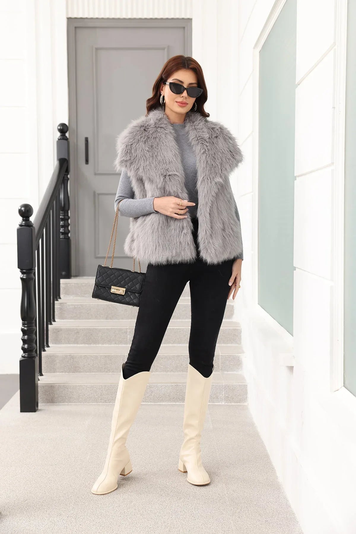 Oversized Lapel Faux Fur Vest - View 6 | WEUXS