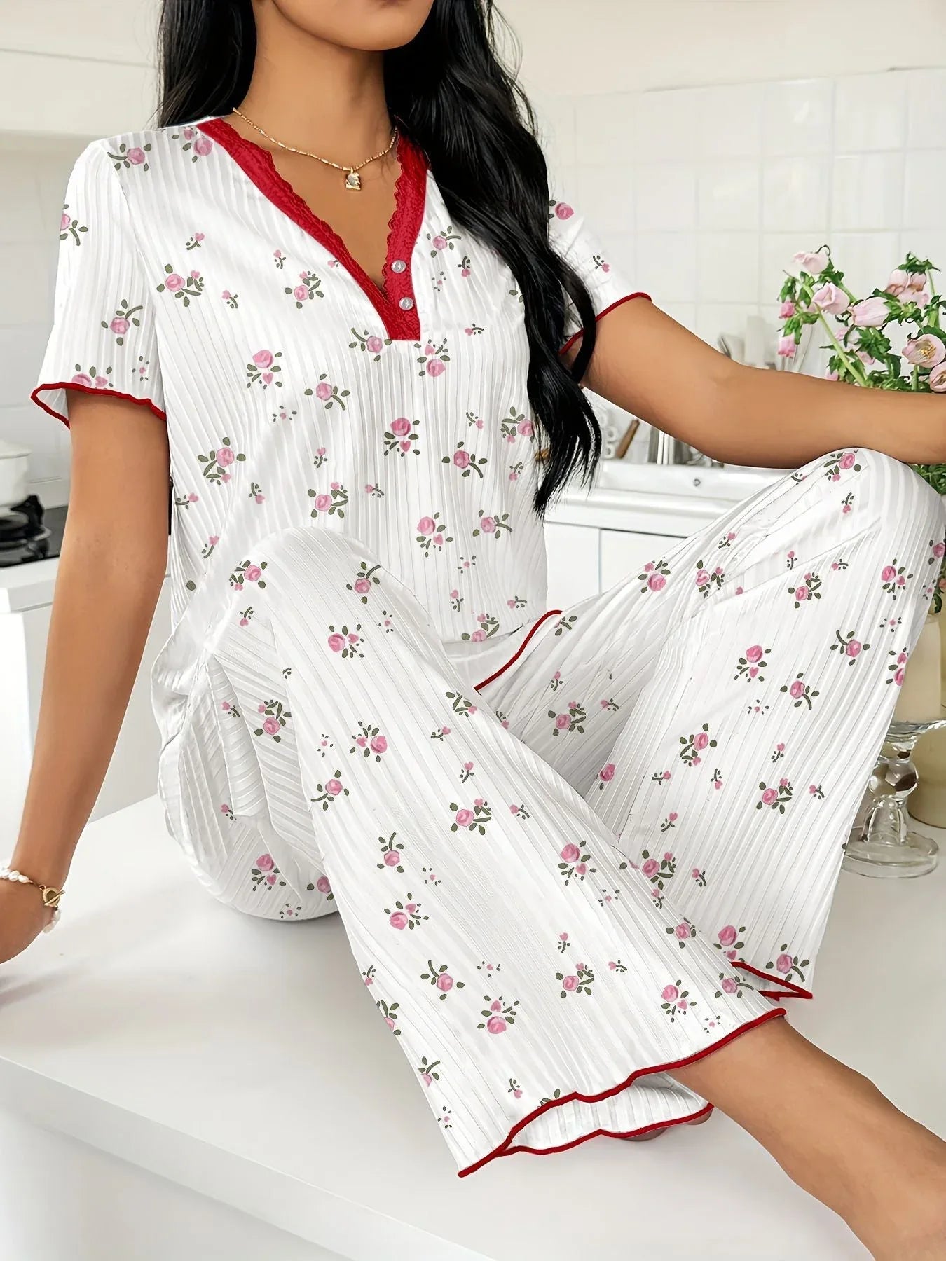 Heart Print Ribbed Lounge Set - View 22 | WEUXS