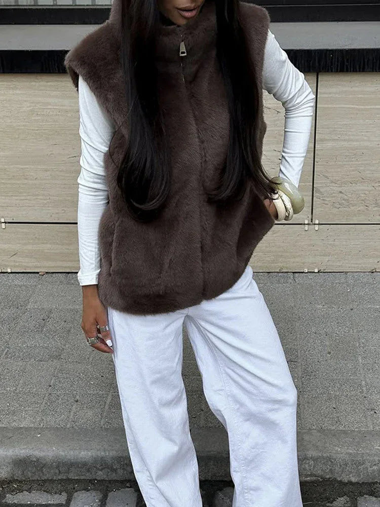 Luxe Mocha Brown Faux Fur Zip-Up Vest - WEUXS