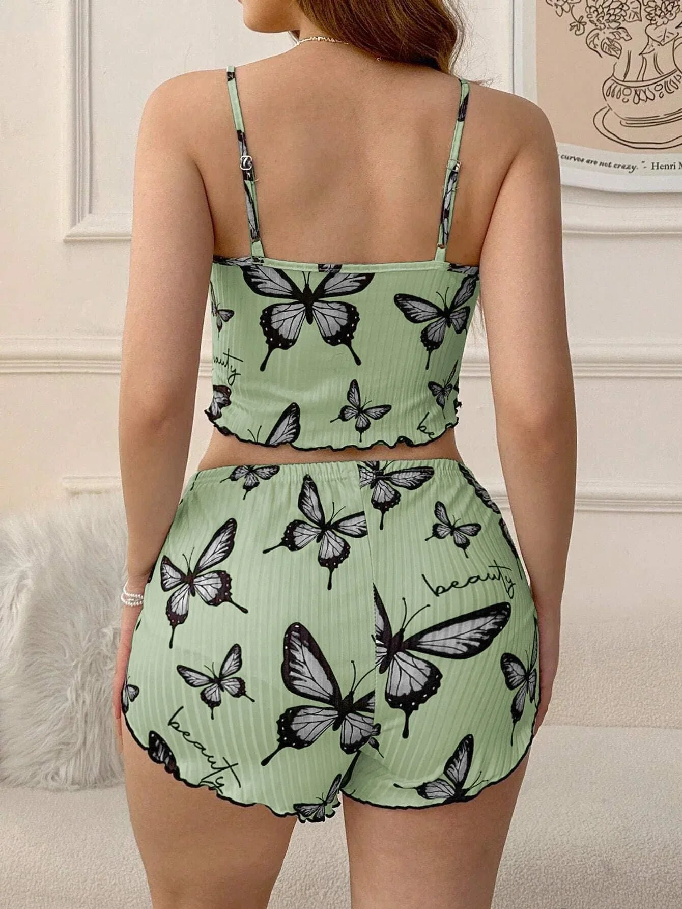 Ribbed butterfly print cami and shorts set - View 17 | WEUXS