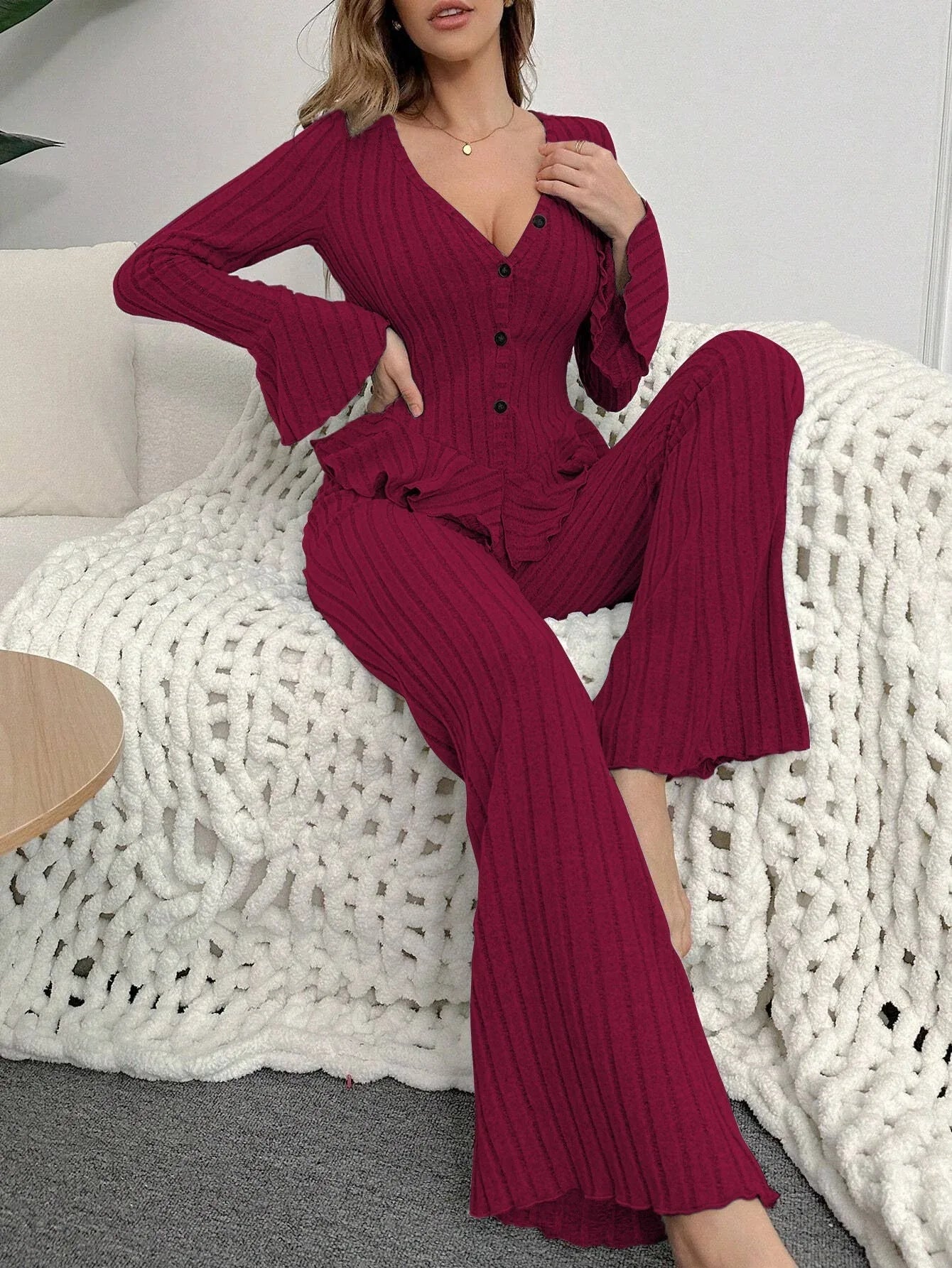 Ribbed Peplum Knit Lounge Set - View 22 | WEUXS