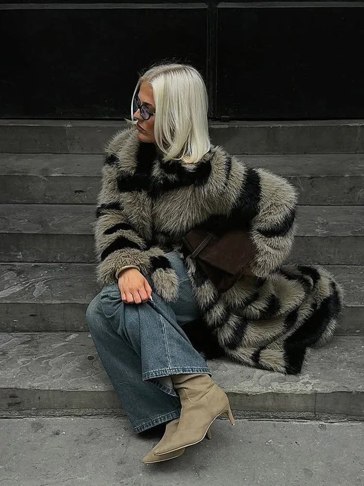 Long Faux Fur Coat - Vintage Zebra Stripe Style Secondary image