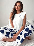 Heart Print Pajama Set with Ruffle Sleeves - View 19 | WEUXS