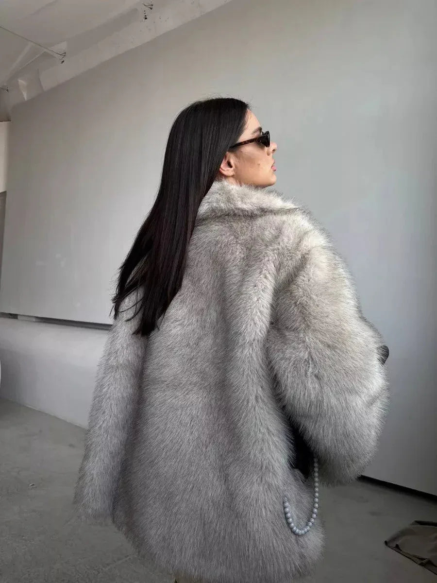 Silver Fox Faux Fur Mid-Length Coat - WEUXS