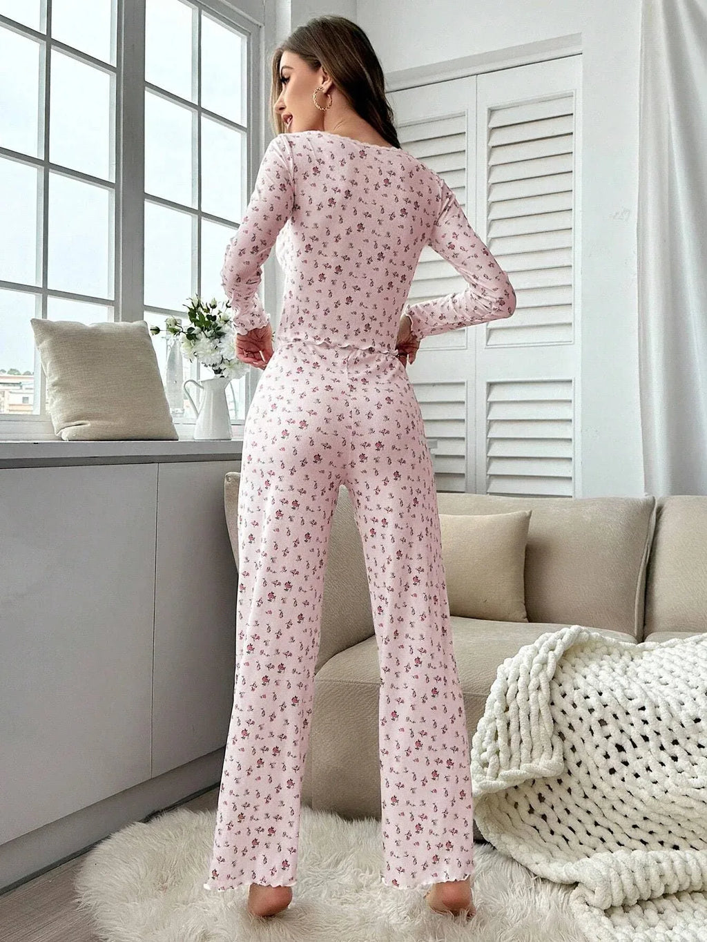 Ribbed Floral Henley Pajama Set - View 7 | WEUXS
