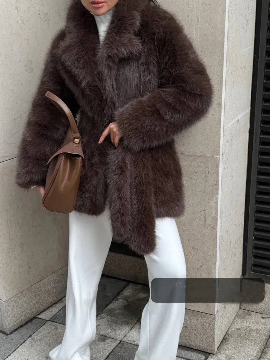 Mid-length faux fur coat with belted waist and lapel collar - View 10 | WEUXS