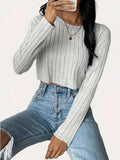 Noir Ribbed Knit Long Sleeve Crop Top - View 6 | WEUXS