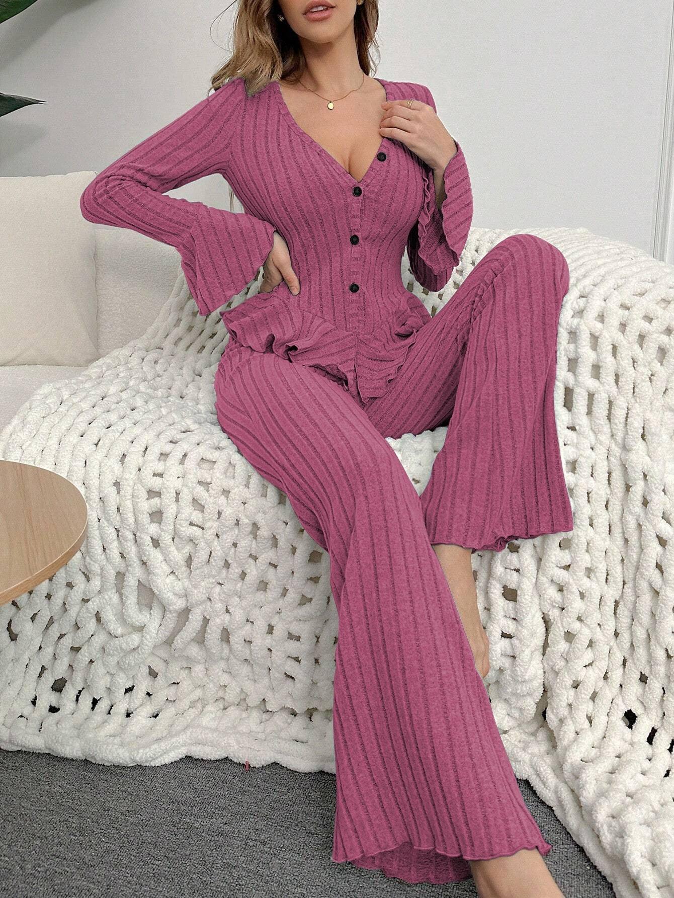 Ribbed Peplum Knit Lounge Set - View 24 | WEUXS