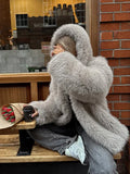 Grey faux fur hooded cropped coat - View 11 | WEUXS