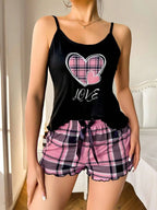 Plaid Heart Print Cami & Shorts Loungewear Set - View 10 | WEUXS