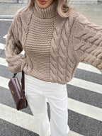 Vintage Mocha Bell Sleeve Cable Knit Sweater - WEUXS