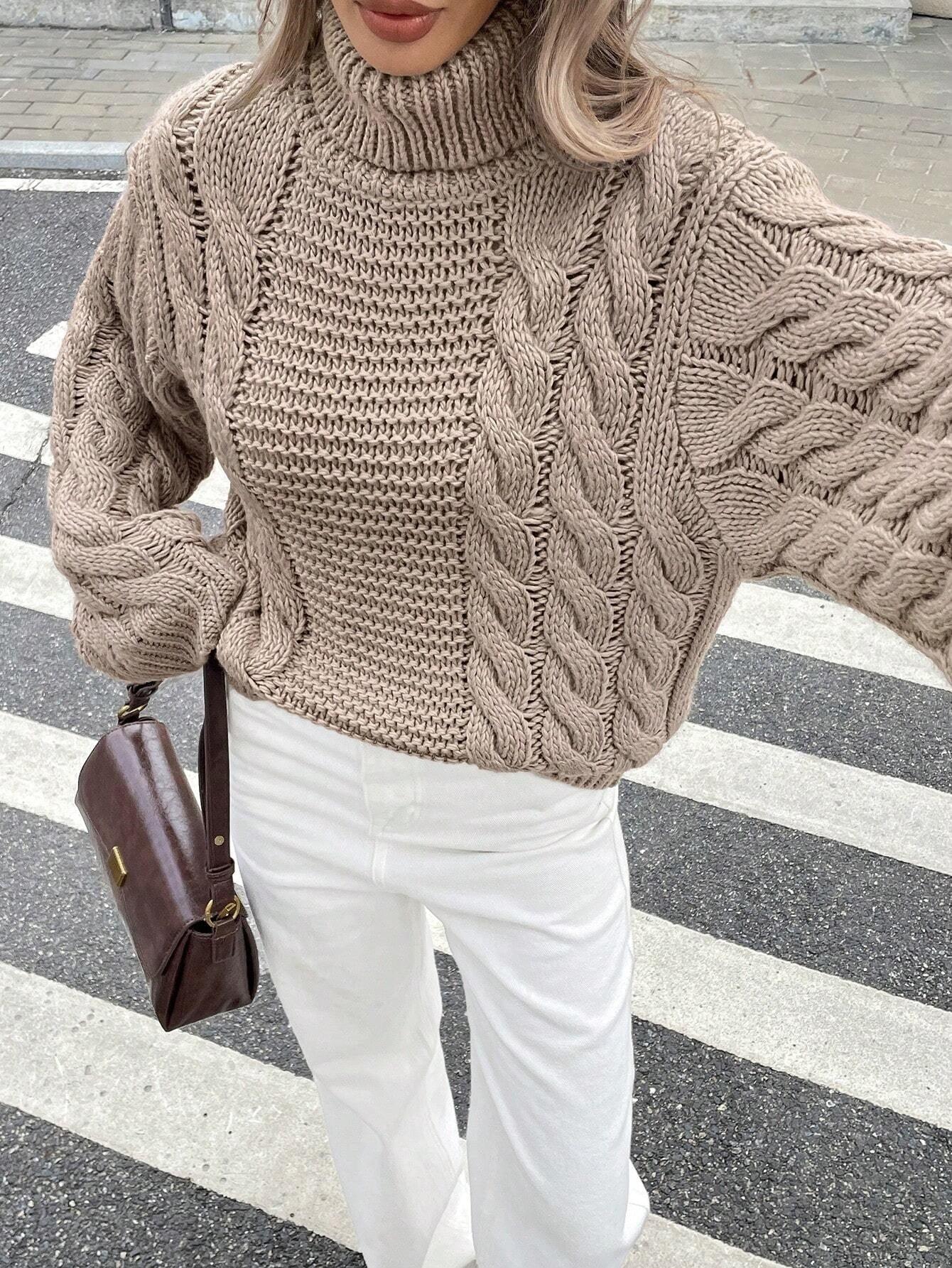Vintage Mocha Bell Sleeve Cable Knit Sweater - WEUXS
