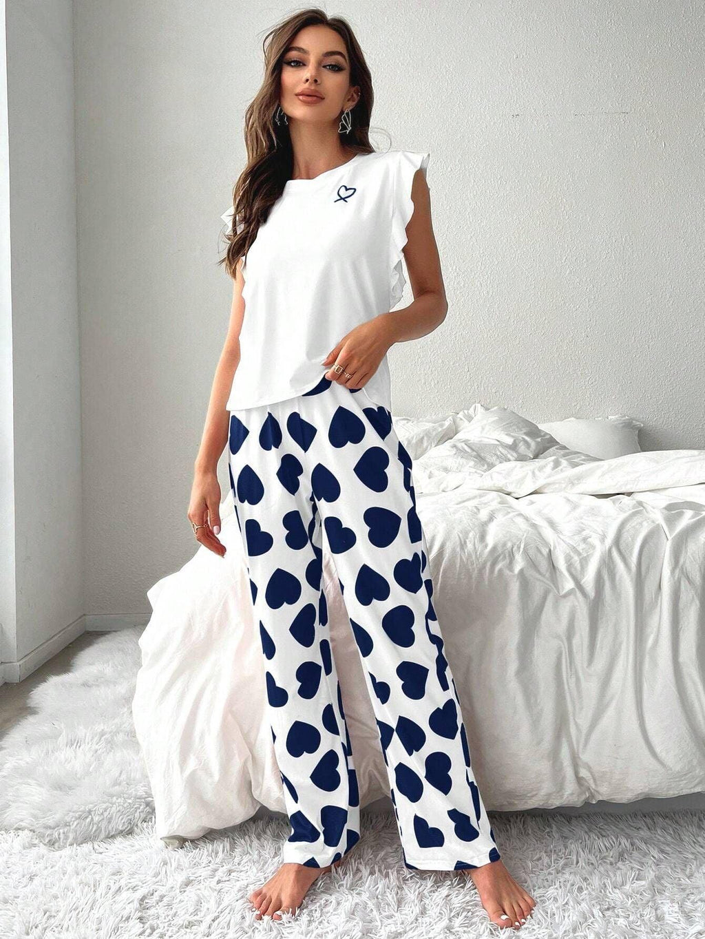 Heart Print Pajama Set with Ruffle Sleeves - View 21 | WEUXS