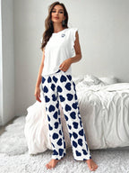 Heart Print Pajama Set with Ruffle Sleeves - View 21 | WEUXS