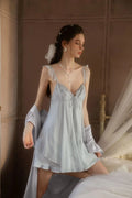 Celestial Silver Satin Lace Nightgown - WEUXS